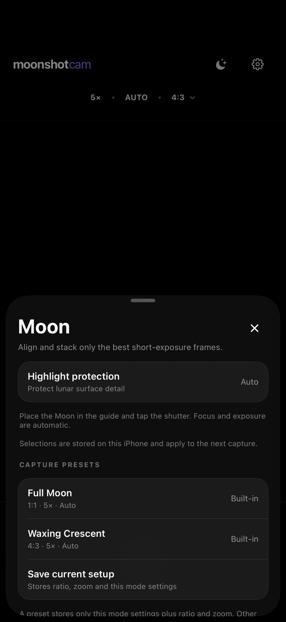 Moonshot Cam automatic Moon capture settings